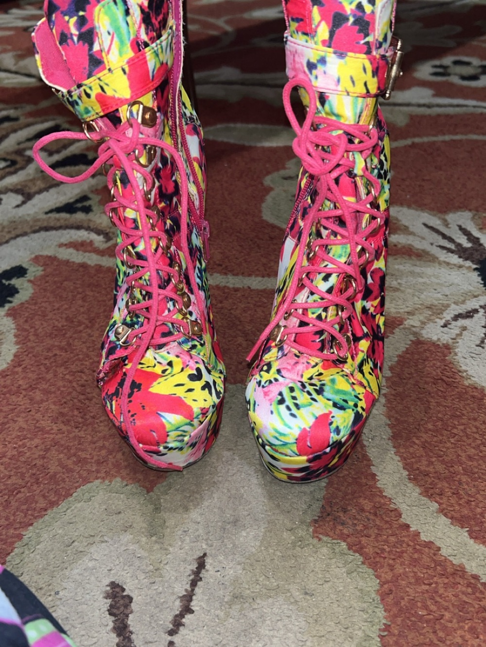 Vibrant Pink Multicolor Floral Lace-Up Platform Boots